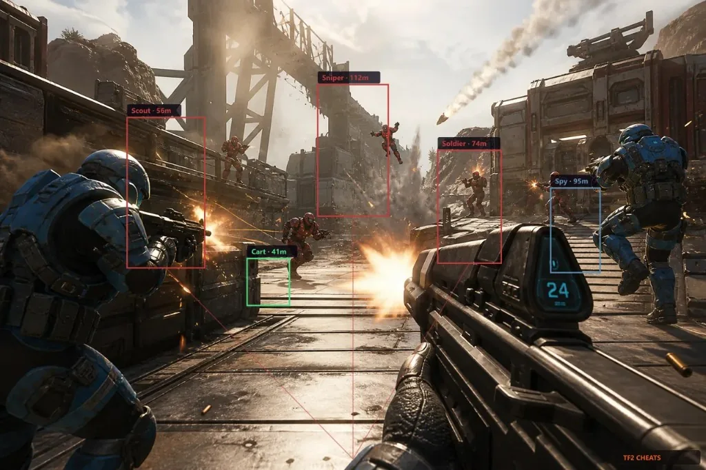 ESP overlay showing Scout, Sniper, and Soldier distance